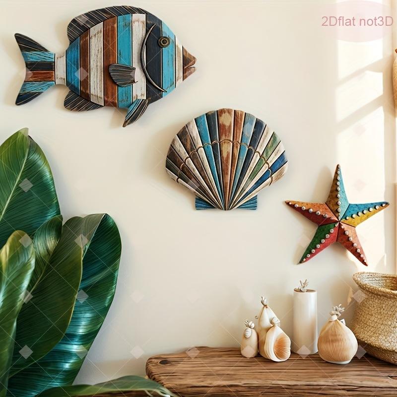 3Pcs/Set Colorful Wooden Ocean Art Wooden Sea Fish Shells Starfish Farmhouse Style Decor Living Room Bedroom Wall Art Decoration