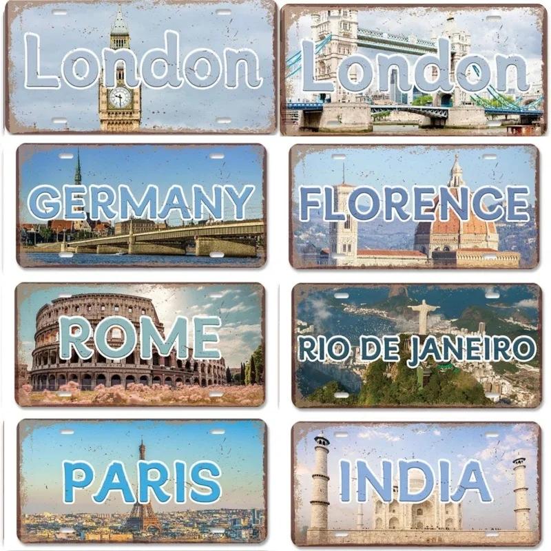 Vintage Metal Tin Signs Decors Country Capital City License Plate Retro America France Brazil Turkey Metal Posters Cafe Club Bar