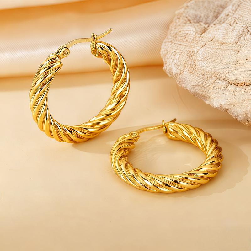 Classic Fashion Round Stainless Steel Twist Hoop Earrings For Women 4.5mm Thick Ear Buckle Gold Silver Color Earrings Jewelry