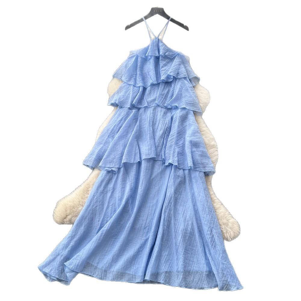 Holiday style sleeveless romantic style yellow cake dress female summer lotus leaf edge thin fairy temperament dress