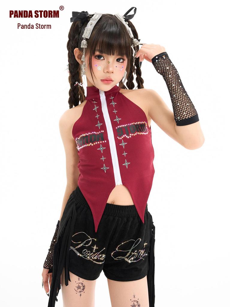 Girls' Rhinestone Jazz Hip Hop Dance Set - Vest, Long Pants & Shorts