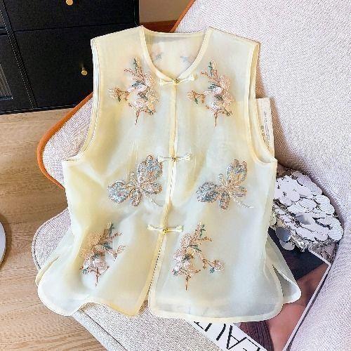 Eugen yarn embroidered vest, women's slightly transparent round neck disc buckle vest, summer thin style outside