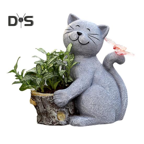 Solar Garden Blomsterpotte Kattestatue med LED-sommerfugl Vanntett Plantekrukke Kattunge Resin Figur Skulptur Utendørs veranda Hage Plendekorasjon