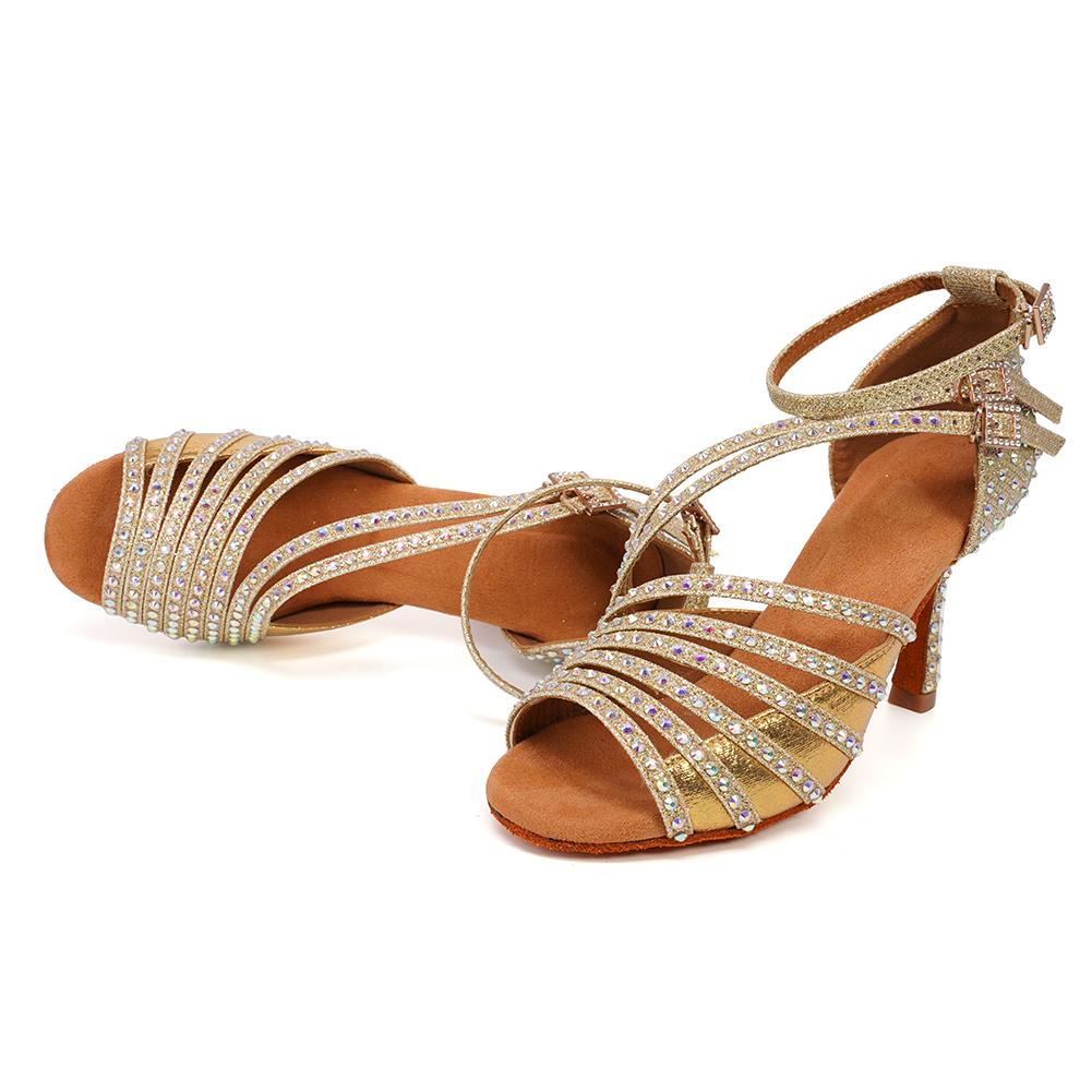 Women Latin Dance Shoes Shining Rhinestone Dancing Shoes Flare Heel 9cm Narrow Foot Adjust Width