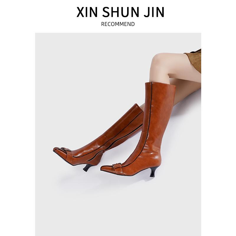 Retro belt buckle boots women's 2025 fashion boots thick heel pointed side zipper thin versatile fashion boots