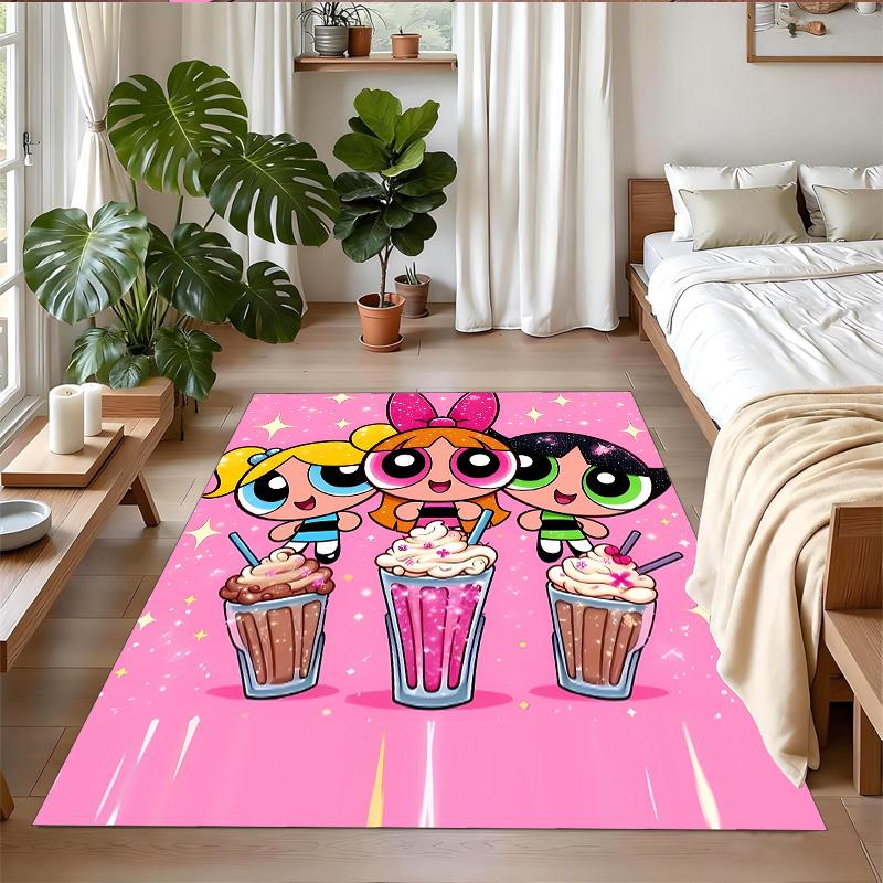Anti‑Slip Crystal Velvet Floor Rug, The Powerpuff Girls Design Carpet for Indoor Living Bedroom Home Decoration
