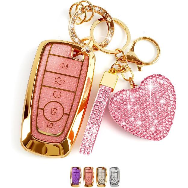 Key Fob Cover with Diamond Bling Keychain for Women, Compatible with Ford Fusion Escape Expedition Explorer Edge F150 F250 F350 etc, TPU Key Case and