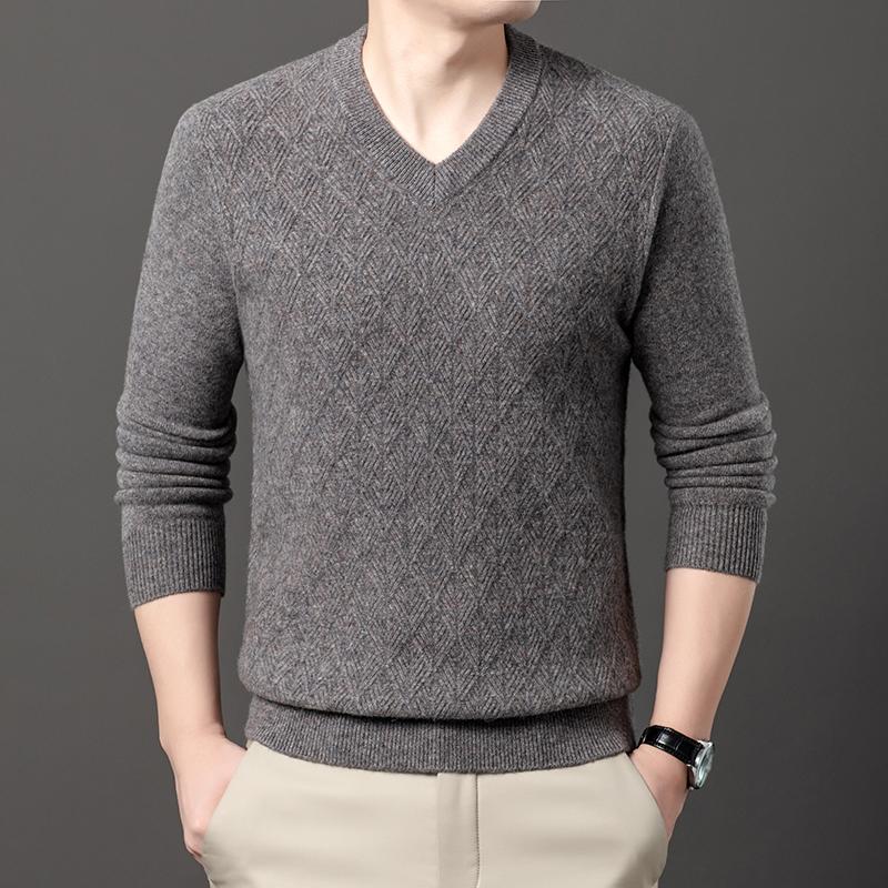 Autumn Winter 100% Sheep Wool Men's Sweater V-Neck Jacquard Smart Casual High Quality Knit Pullovers