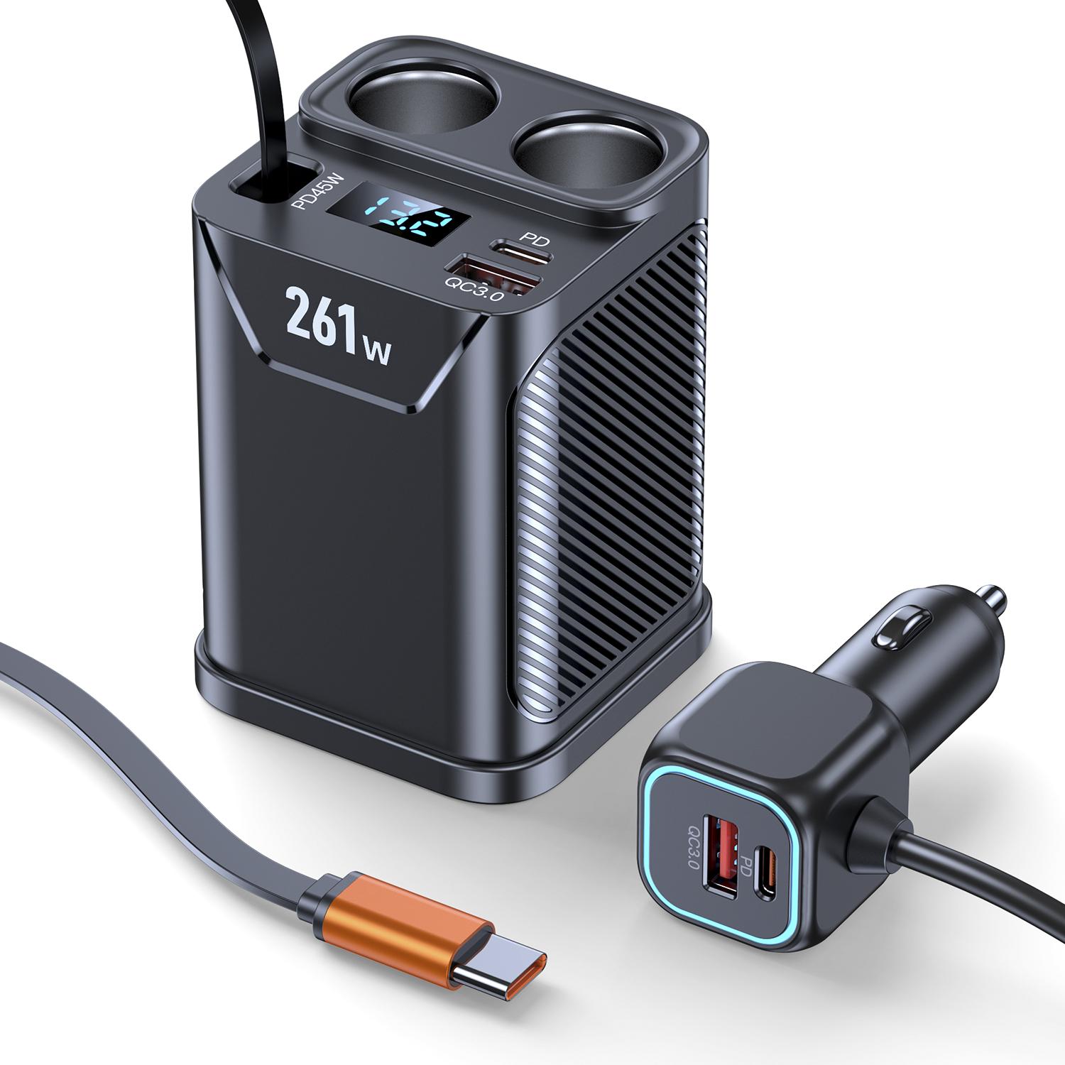 Adaptor Brichetă 7 în 1 Suport de pahar Încărcător auto 261W cu Încărcare PD45W Brichetă 24V/12V Volmetru LED negru
