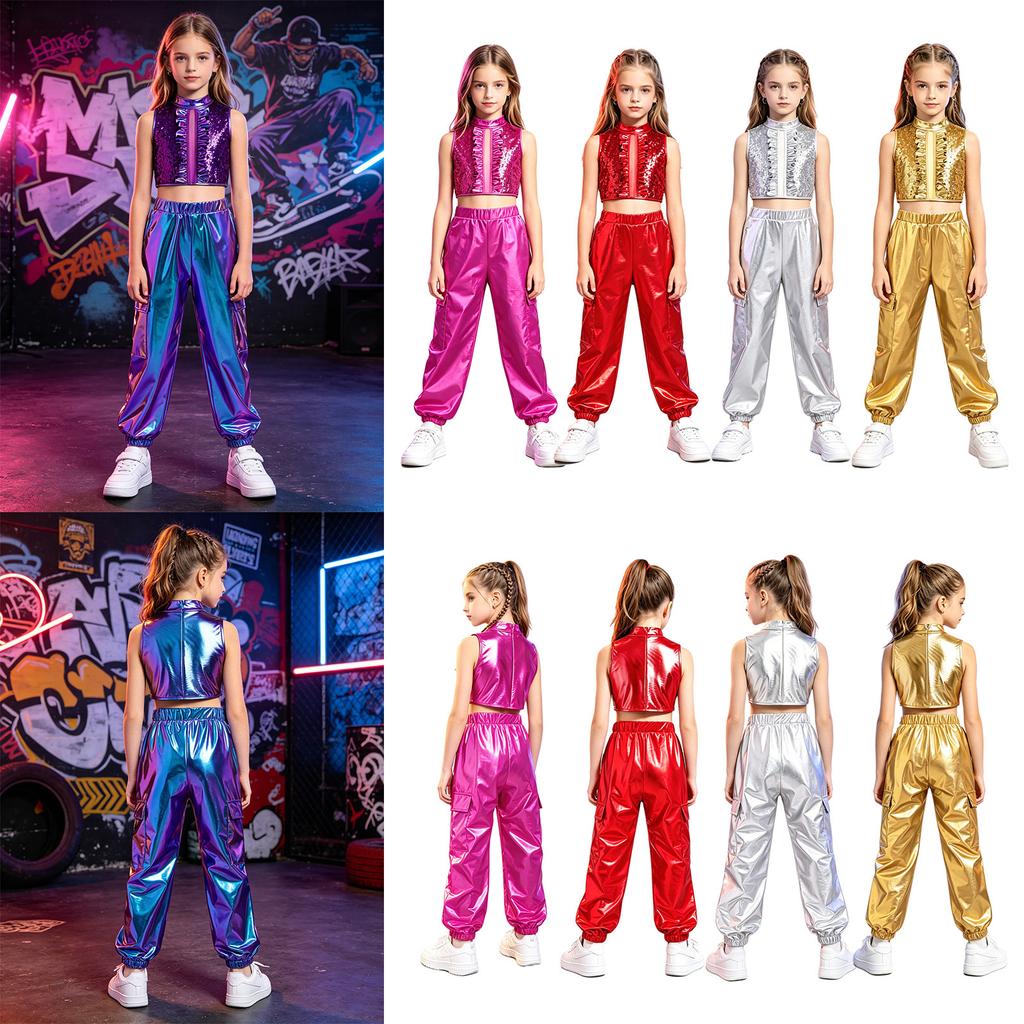 Mädchen Jazz Dance Outfit Rollkragen Ärmellos Pailletten Metallisches Patchwork Rüschen Crop Top Glänzende Hose
