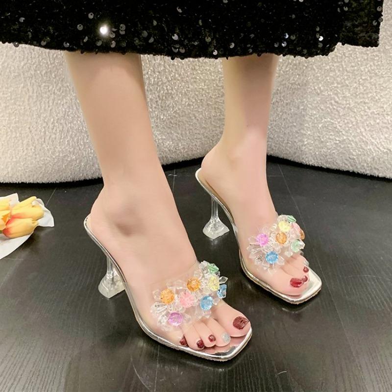 Shoes for Women Sexy Woman Slippers Heeled Sandals Clear Open Toe Slides Crystals Shoe H Sandal Easy Wears Low Price Stylish Vip