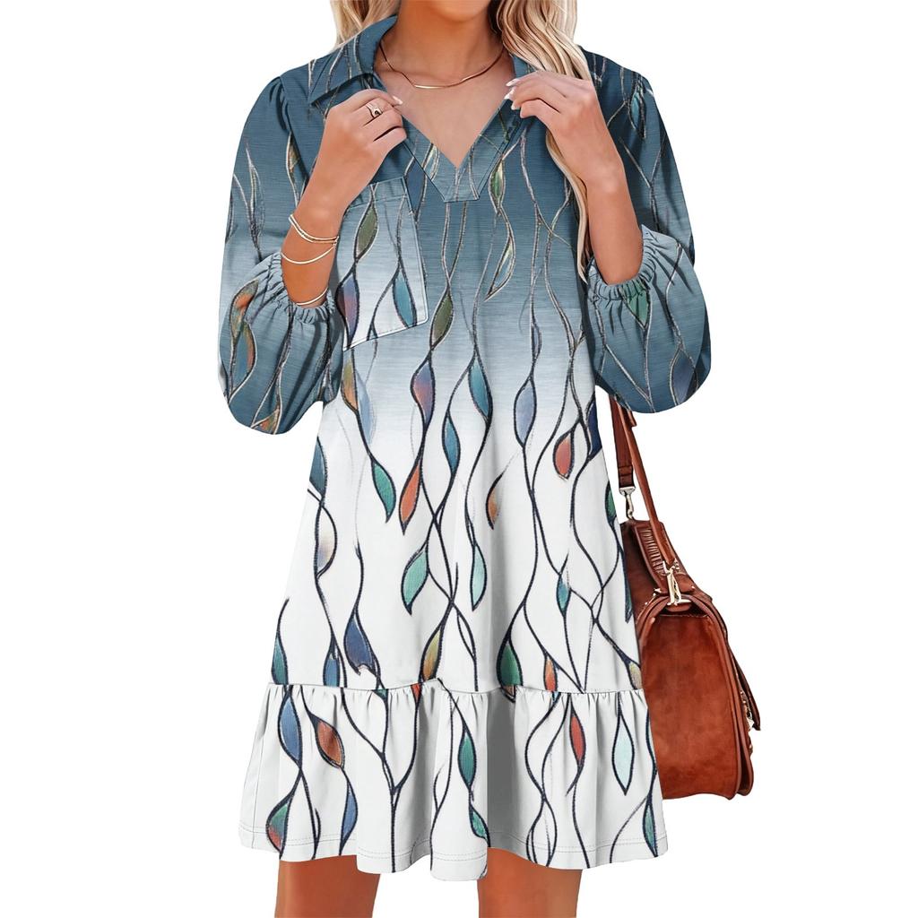 Damenmode Elegant Herbst Und Winter Langarm V-Ausschnitt Weihnachtsprint Kleid