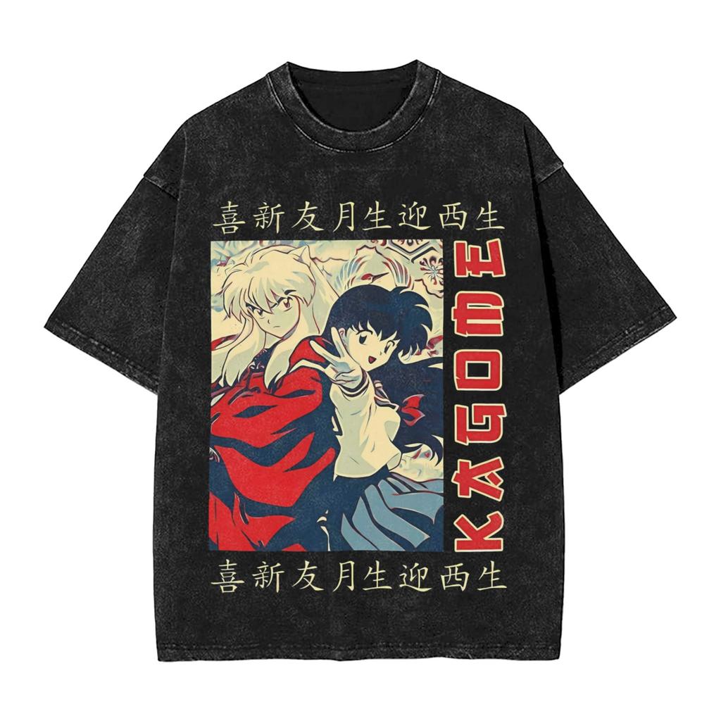 Inuyashas Vintage Poster T Shirts Hip Hop Washed Cotton Oversize TShirt Fashion Men Women Tops Streetwear Graphic Printed Tees
