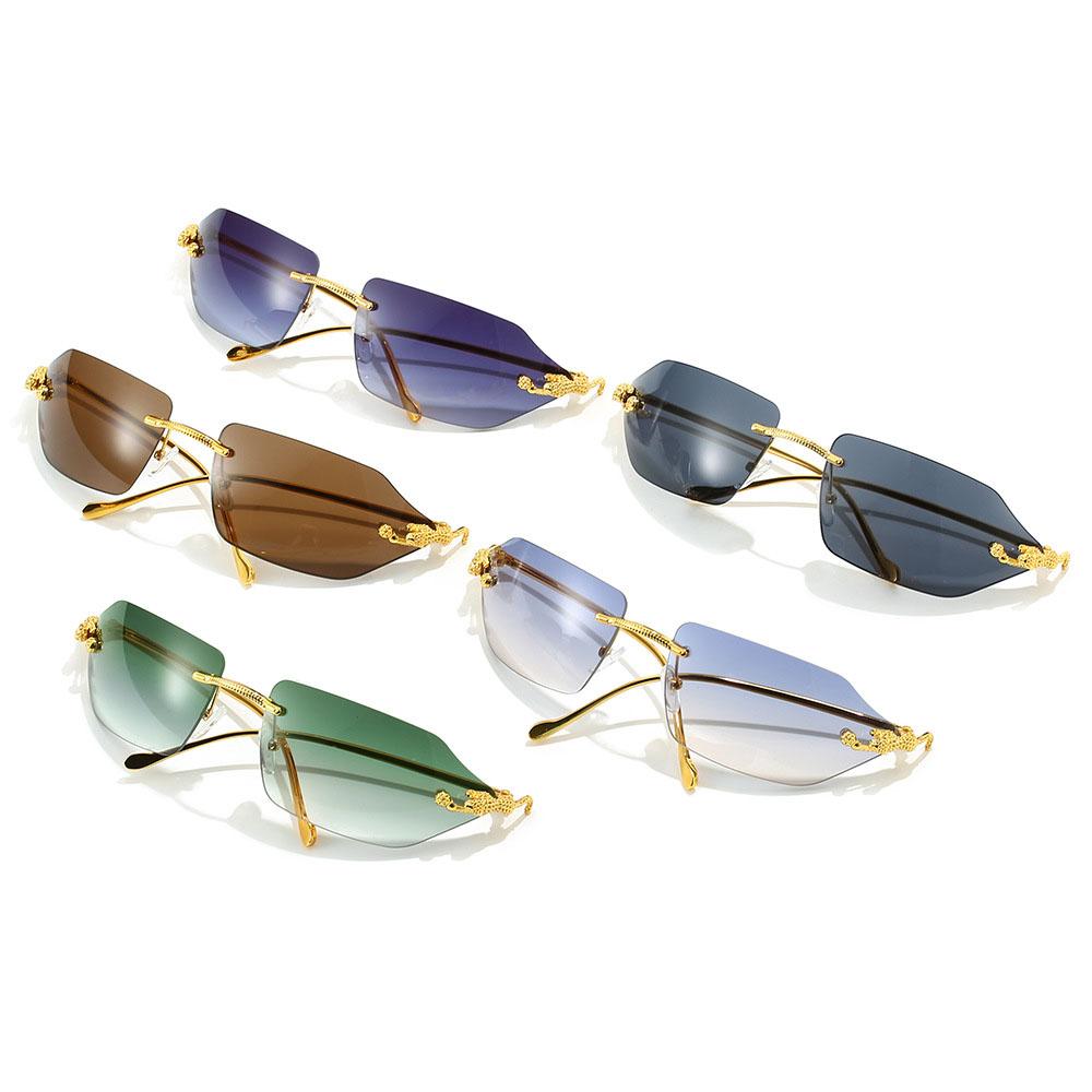 Brand Designer Luxury Rimless Curved Rectangle Sunglasses Women For Men Vintage Punk Sun Glasses Popular Gold Leopard Shades