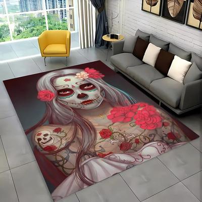 Alfombra con Impresión HD del Día de Muertos Mexicano, Alfombra para Sala de Estar Dormitorio Sofá Felpudo Decoración Juego para Adultos Alfombrilla Antideslizante para Suelo Alfombra