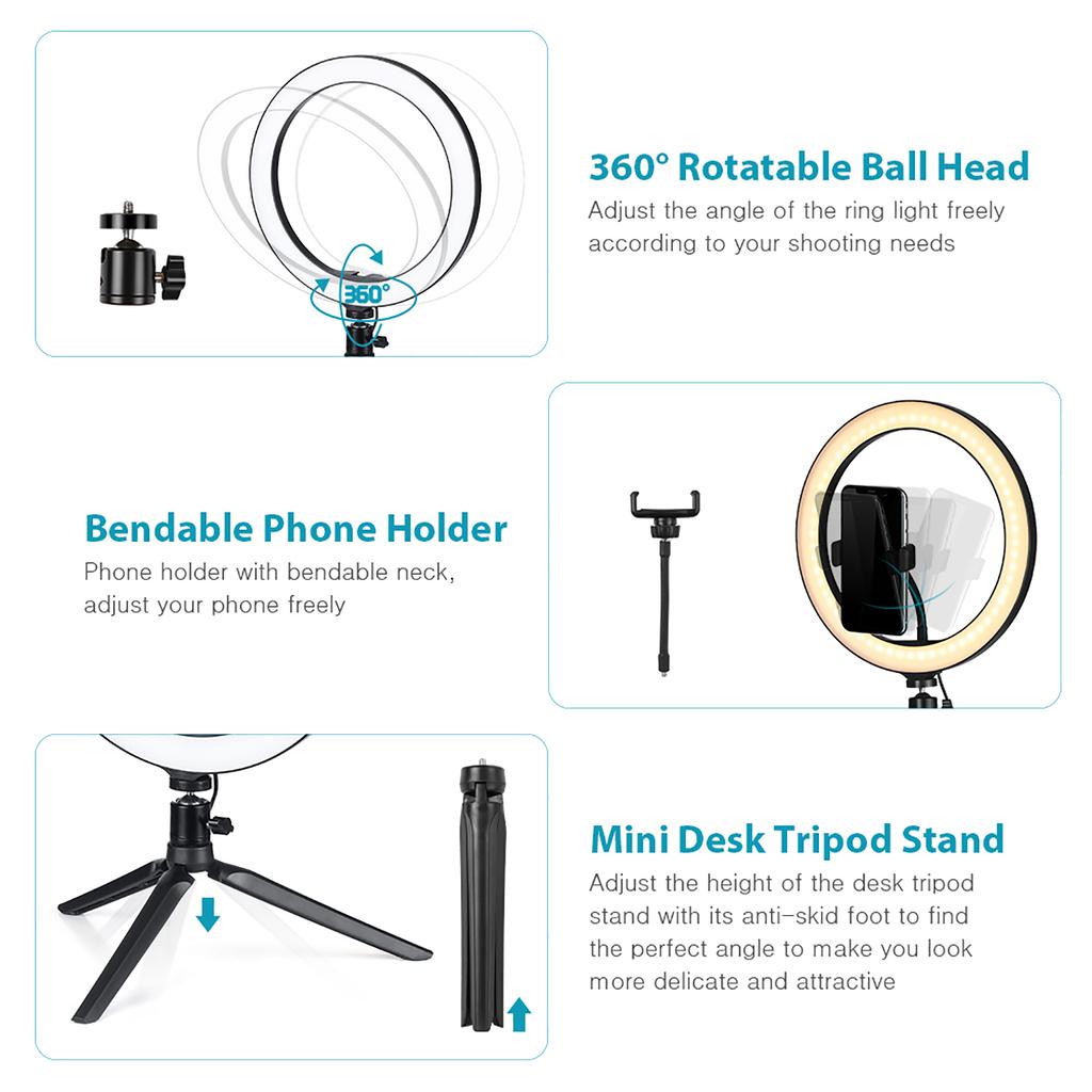 10.2 LED Ring Light 3200K-5500K Dimmable Desk Camera Lamp 3 Light Modes 10 Adjustable Brightness for Live Streaming Selfie Makeup YouTube Video Vlog