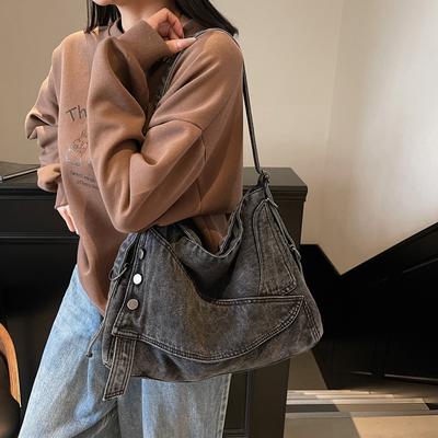 Sac en tissu littéraire rétro en denim nouveau grande capacité couleur unie trajet quotidien style décontracté sac à bandoulière messenger