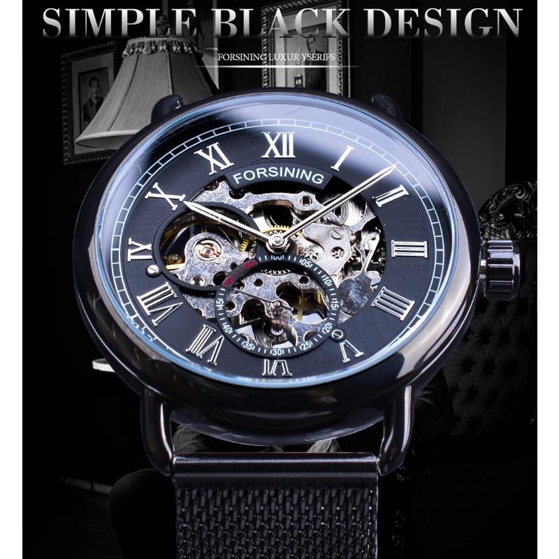 Forsining Herrenmode Casual Vintage Ausschnitt Mesh Gürtel wasserdichte mechanische Uhr