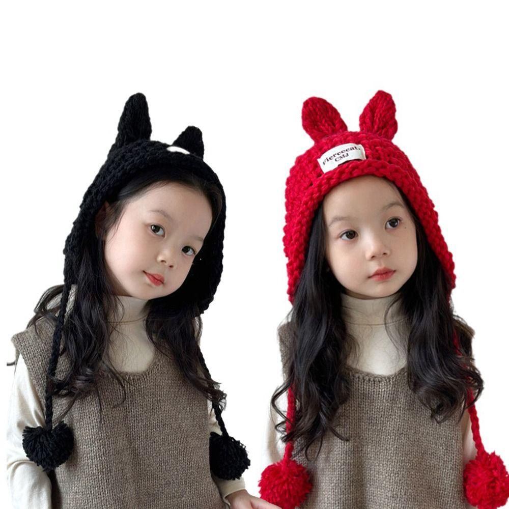 Rabbit Ear Kids Knitted Hat Solid Color Warm Winter Cap Warm Crochet Beanie Outdoor Winter