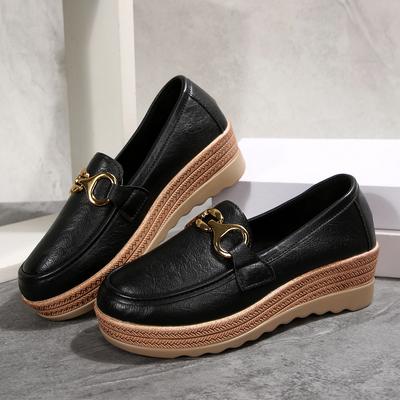 Plattform-Muffinschuhe Frühling und Herbst neue weiche Leder-Kleinkeilabsatz-Single-Schuhe Britischer Stil Retro Braune Faule Schuhe