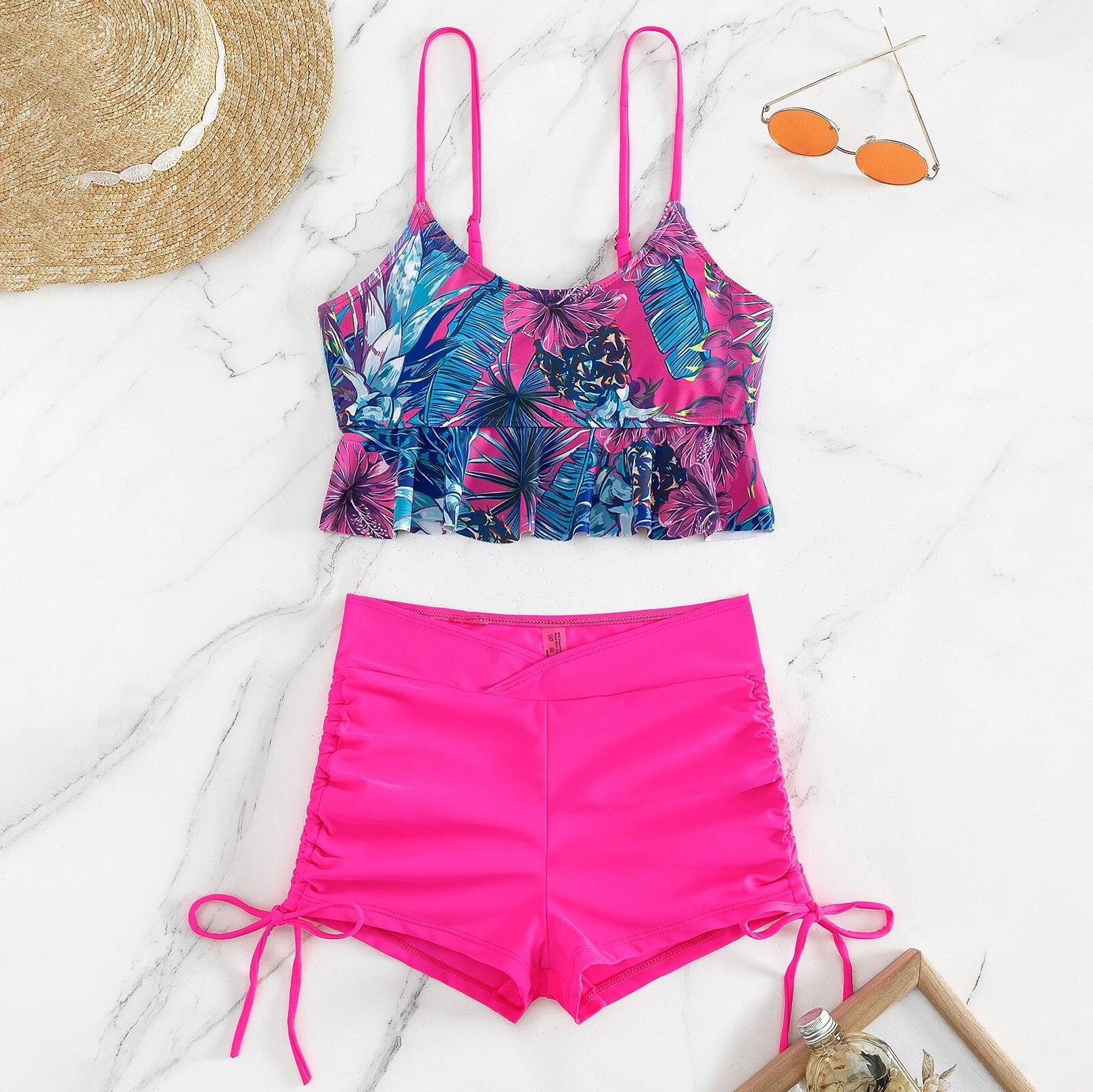 

Купальник женский, разделенный комплект из двух предметов, с высокой талией, без рукавов, верхняя рубашка, бикини с кулиской и принтом XL розы красного