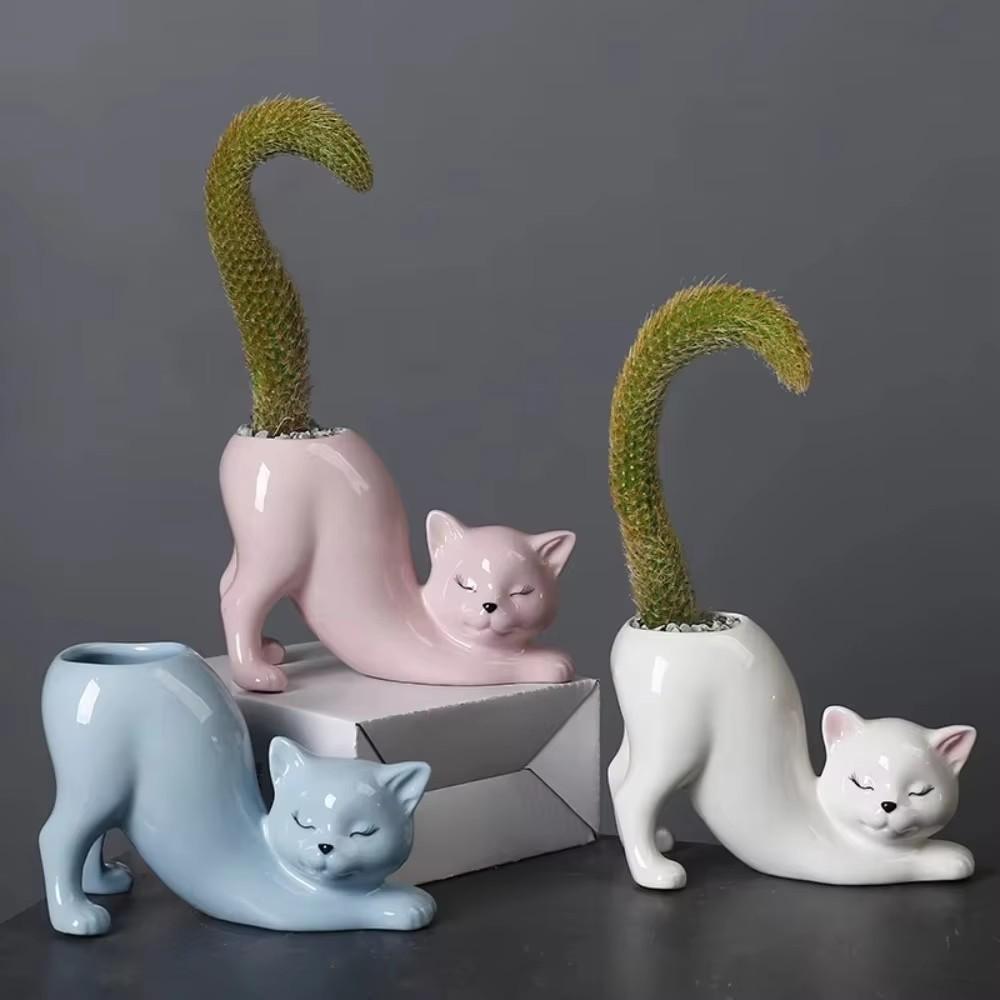 Cartoon Cat Flower Pot Vase Cute Cat Tail Succulent Planting Pots Porcelain Flower Vase Flowerpot Home Decoration Accessories