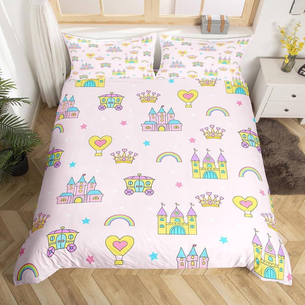 Rainbow Castle Duvet Cover King Queen Kids Girls Cartoon Girly Bedding Set Princess Castle Comforter Cover Bedroom Quilt Cover