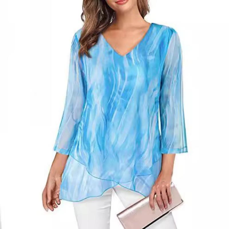 Summer New Seven Quarter Sleeve Casual Loose Shirts Women Asymmetrical V Neck Slim Print Elegant Blouse Women Fashion Lady Tops Plus Size Shirt 26490