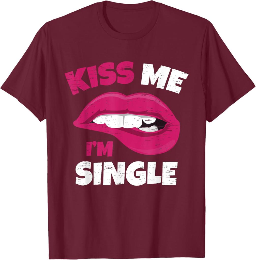 Kiss Me Im Single Lips Graphic Print Round Neck Cotton Short Sleeve T-Shirt Casual Daily Adults