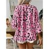 Top da Donna Temperamento Pendolare Cachi Stampa Leopardo Scollo a V Grande Plissettato Maniche a Sette Quarti Camicia