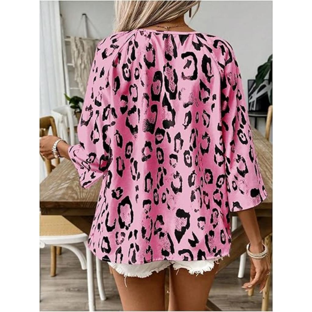 Top da Donna Temperamento Pendolare Cachi Stampa Leopardo Scollo a V Grande Plissettato Maniche a Sette Quarti Camicia