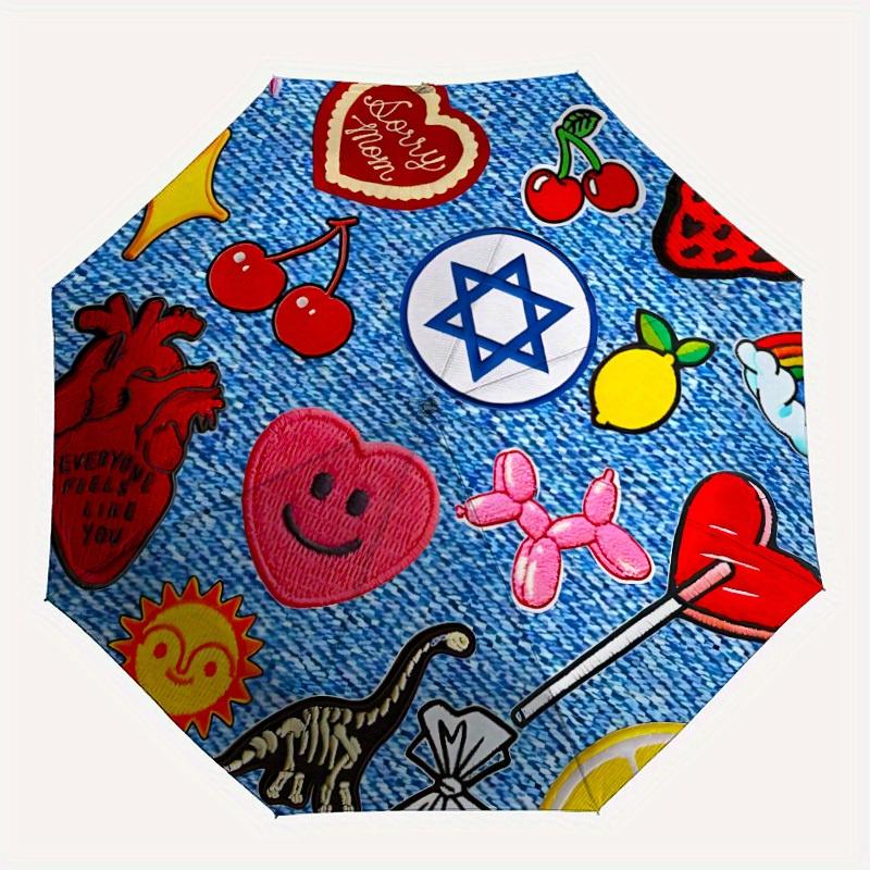 

1pc Embroidered Patches Automatic Folding Umbrella - 8-Rib Iron Frame, Windproof, Portable Sunshade with Plastic Handle for Travel & Outdoor