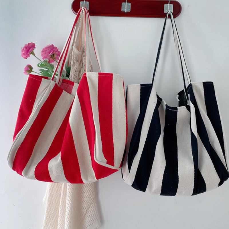 Große Canvas-Henkeltasche Damen Sommer Streifen Einfache Damen Freizeit-Handtasche Outdoor-Umhängetasche