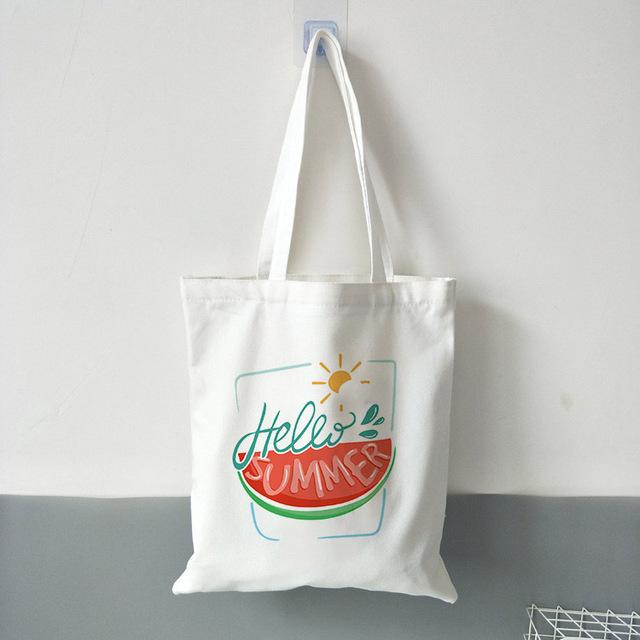 New Women's Casual Canvas Shopping Bag Hello Summer Watermelon Print Eco Tote Travel Bag Lady Handbag Reusable Large Capacity