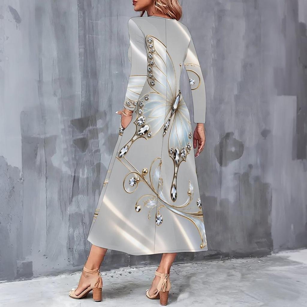 Women Plus Size Round Neck Long Sleeve Black Butterfly Printed Midi Dress With Pockets