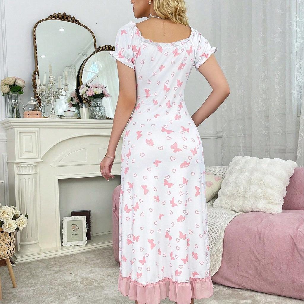 Women's Nightgown with Tie-on Straps, Ruffled Hem, Slit Opening, Fitted Design, Slimming Effect, with Heart-shaped Butterfly Print for Home Wear.