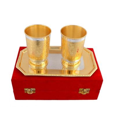 Silver Gold Plated Brass Glass for Drinking Water Set with Tray | Set of 3 | Glass Tumbler 660 Ml| Best Gift for Wedding, Anniversary