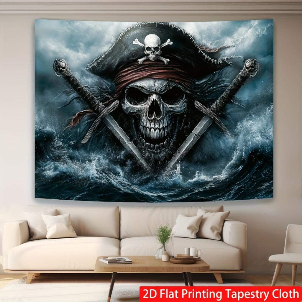 Halloween Gothic Wall Tapestry Captain's Hat Double Knife Skull Pirate Wave Vintage Oil Painting Jack Flag Wallcloth Part