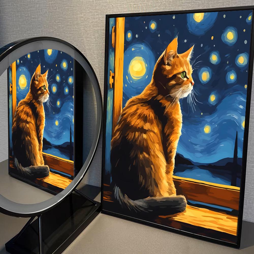 

Ван Гог Звездная ночь Романтичный черный кот Белая бумага Плакат Наклейка для гостиной Бар Декоранты Эстетическое искусство Настенная живопись 21cm×30cm NoFrame