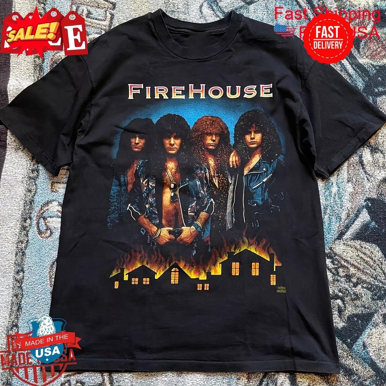 

Графическая футболка группы FireHouse для взрослых Черная повседневная футболка с ярким принтом пламени и участников группы, с коротким рукавом и круглым вырезом L