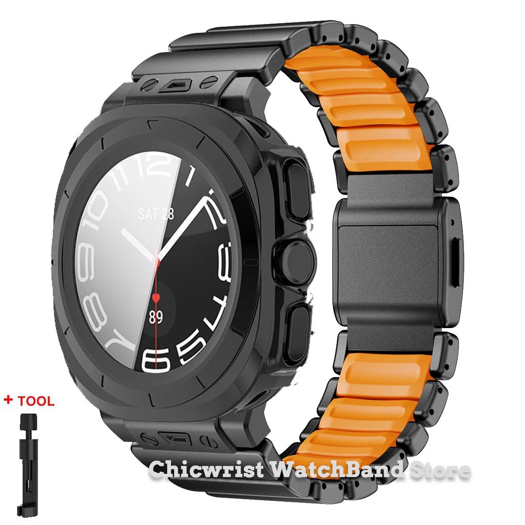 Armband+Hülle für Samsung Galaxy Watch Ultra 2025/7 ultra Edelstahl Gummiarmband Gehärtetes Glas Displayschutz Hülle aus Hart-PC