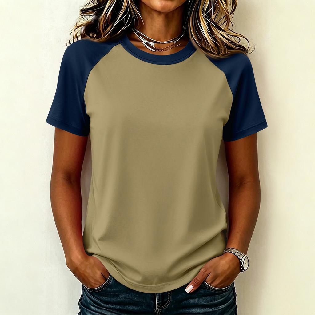 Women Casual Short Sleeve Raglan Sleeve T Shirt Crew Neck Color Block Loose Fit Lightweight Summer Top