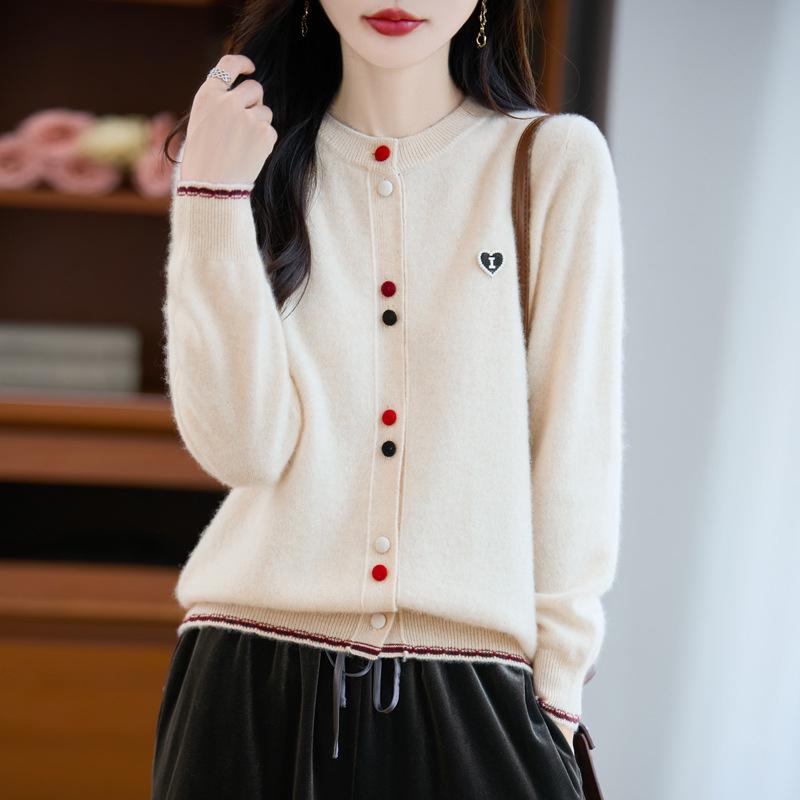 Women's Round Neck 100% Pure Wool Cardigan - Heart Design, Autumn/Winter Knit Outerwear Sweater