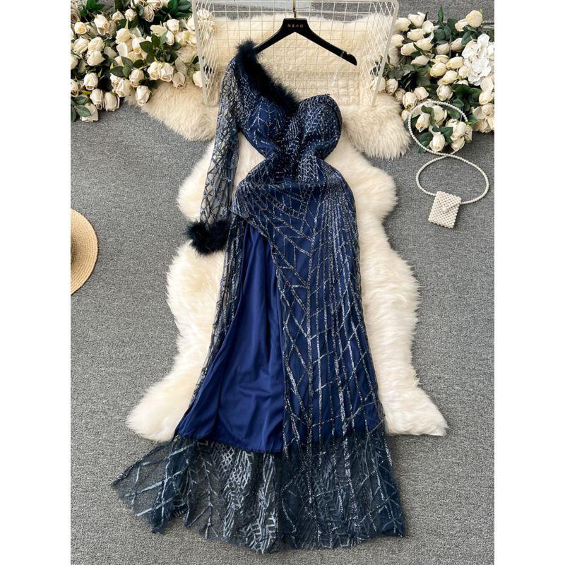 Sloping Shoulder Dress Ins Feather Sequins Long Dress