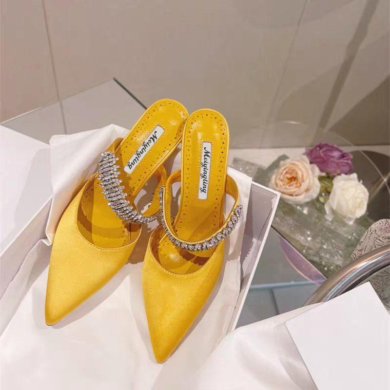 Pointy Pinheel Rhine-Diamond Chain Satin Top High Heels Mullers Pinheel Green Wedding Shoes Flat Bridesmaid Shoes