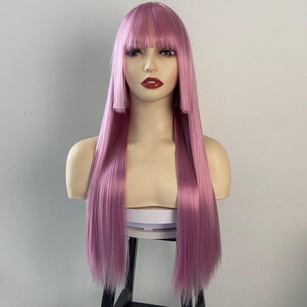 Qi Bangs Long Straight Wig Synthetic Full Head Cover Purple Hime Style Colored Hairstyle Set