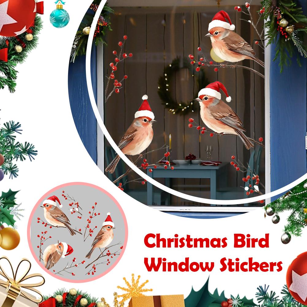 Christmas Bird Window StickersSanta Hat Bird Xmas Decor Reusable Decals For Home Glass Door Party Festival New Year Decorat F3T7