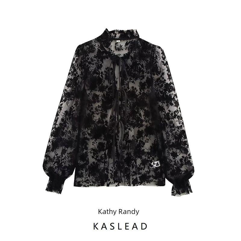 Kaslead New Arrival Women's Clothing Fashion Style Fashion Minimalist Elegant Flocking Perspective Shoelace Tops