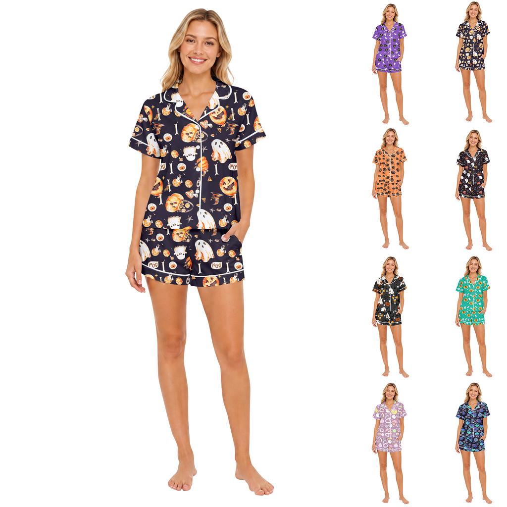 Damen Halloween Pyjama-Set mit kurzärmeligem Hemd mit Knöpfen und Shorts, Ohne Tasche