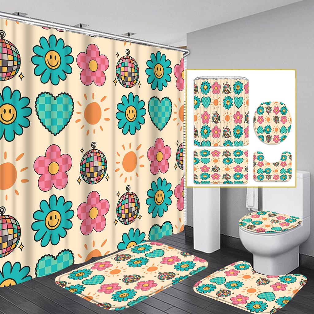 Smiling face 4pcs Cartoon Characters Shower Curtain Collection - 12 Hook Shower Curtain with Non-Slip Rug Toilet Mat and